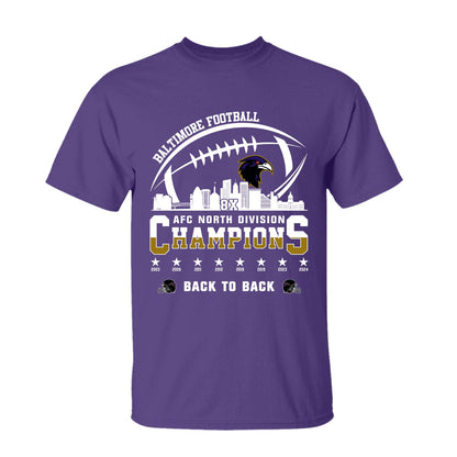 Baltimore Football 2024 AFC North Division Champions Skyline V-neck Shirt, 2024 AFC North Champs V-neck Shirts For Baltimore Football Fans