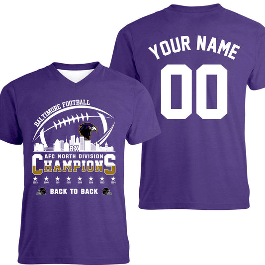 Baltimore Football 2024 AFC North Division Champions Skyline 2 Sided V-neck Shirt, 2024 AFC North Champs Custom Double Sided V-neck Shirts