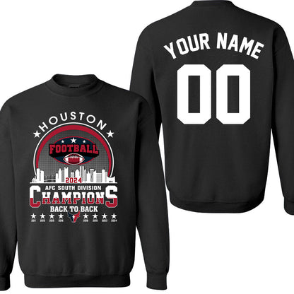 Houston American Football 2024 AFC South Champions Skyline  double sided Sweatshirt, Houston Football 2024 Division Champion 2 sided Sweatshirt