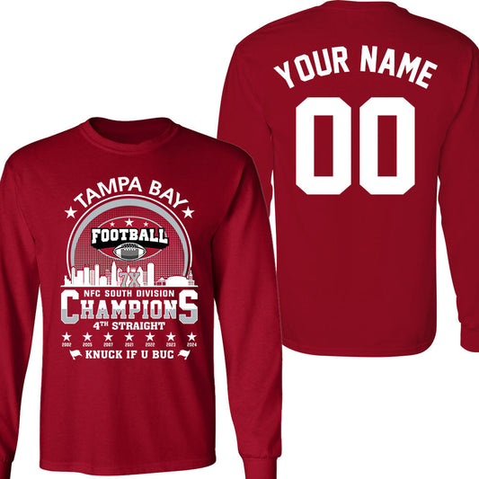 Tampa Bay Football 2024 NFC South Division Champions Skyline Double Sided Long Sleeve Shirt, 2024 NFC South Champs 2 Sided Custom Long Sleeve Shirts
