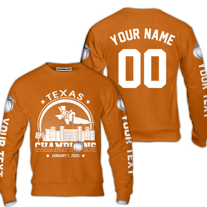 Texas Football 2025 Peach Champions Skyline Custom Double Sided Shirts, 2025 Peach Champs 2 Sided Custom Shirts