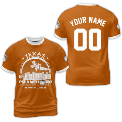 Texas Football 2025 Peach Champions Skyline Custom Double Sided Shirts, 2025 Peach Champs 2 Sided Custom Shirts