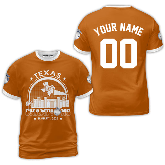 Texas Football 2025 Peach Champions Skyline Custom Double Sided Shirts, 2025 Peach Champs 2 Sided Custom Shirts