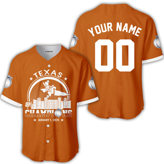 Texas Football 2025 Peach Champions Skyline Custom Double Sided Baseball Jersey Shirt, 2025 Peach Champs 2 Sided Custom Baseball Jersey Shirts