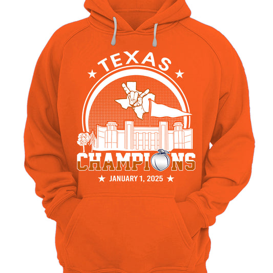 Texas Football 2025 Peach Champions Skyline Hoodie Shirts, 2025 Peach Champs Hoodie For Texas Football Fans