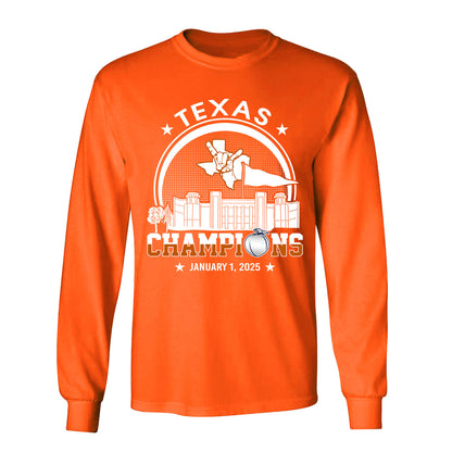 Texas Football 2025 Peach Champions Skyline Shirts, 2025 Peach Champs Apparel For Texas Football Fans