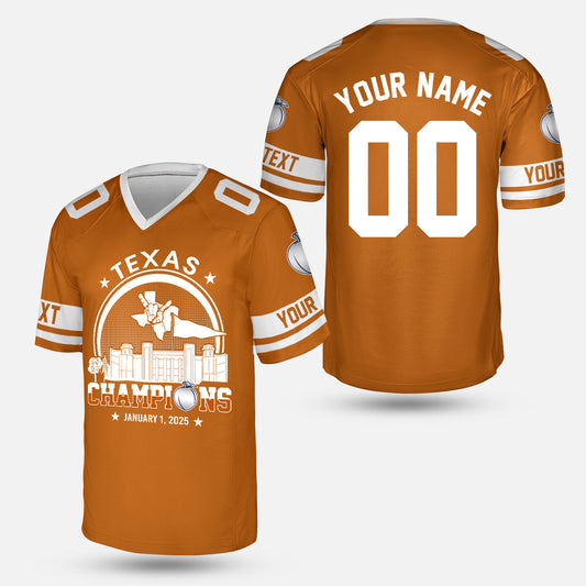 Texas Football 2025 Peach Champions Skyline Custom Double Sided V-neck Jersey Shirt, 2025 Peach Champs 2 Sided Custom V-neck  Jersey Shirts