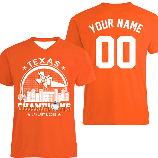 Texas Football 2025 Peach Champions Skyline Double Sided V-neck Shirt, 2024 Peach Champs 2 Sided Custom V-neck Shirts