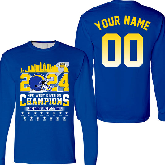 2024 Los Angeles Football NFC West Division Champions Skyline Double Sided Long Sleeve Shirt, 2024 NFC West Champs 2 Sided Custom Long Sleeve Shirts