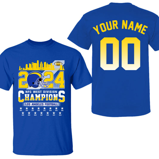 2024 Los Angeles Football NFC West Division Champions Skyline Double Sided Shirts, 2024 NFC West Champs 2 Sided Custom Shirts