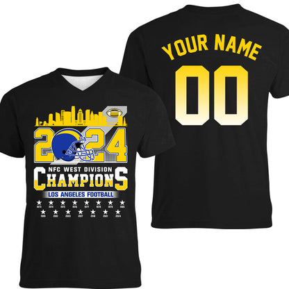2024 Los Angeles Football NFC West Division Champions Skyline Double Sided V-neck Shirt, 2024 NFC West Champs 2 Sided Custom V-neck Shirts