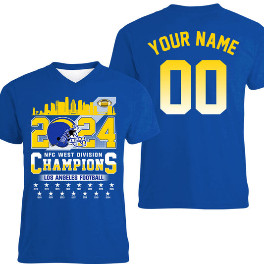 2024 Los Angeles Football NFC West Division Champions Skyline Double Sided V-neck Shirt, 2024 NFC West Champs 2 Sided Custom V-neck Shirts