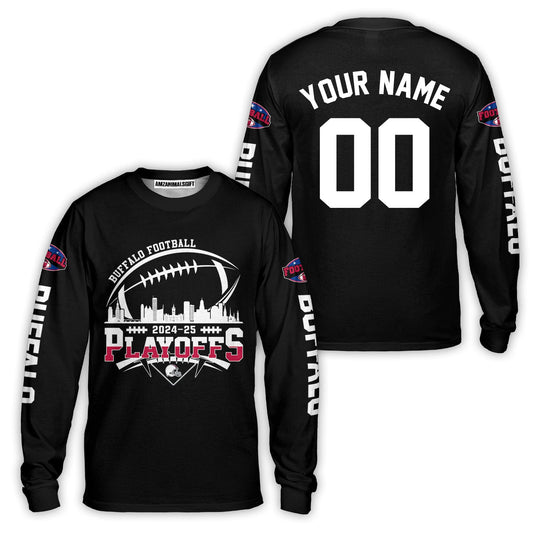 Buffalo American Football 2024-25 Playoffs Skyline Custom Long Sleeve Shirt, Playoffs Buffalo Football Game Day Custom 2 Sided Long Sleeve Shirt