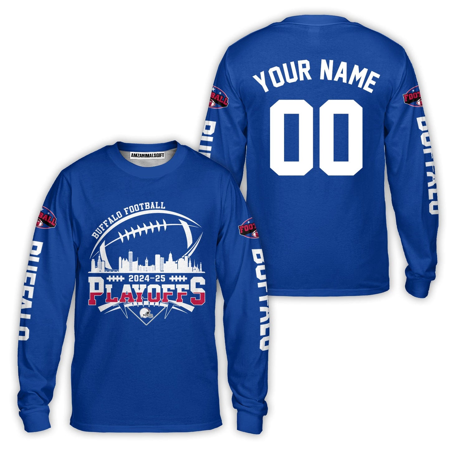 Buffalo American Football 2024-25 Playoffs Skyline Custom Long Sleeve Shirt, Playoffs Buffalo Football Game Day Custom 2 Sided Long Sleeve Shirt
