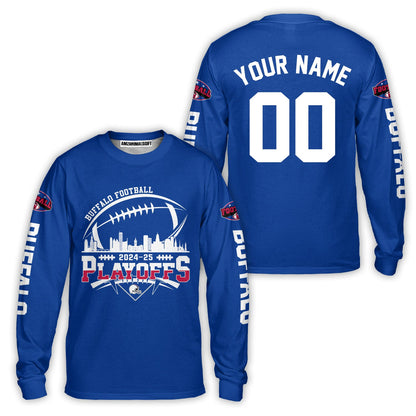 Buffalo American Football 2024-25 Playoffs Skyline Custom Long Sleeve Shirt, Playoffs Buffalo Football Game Day Custom 2 Sided Long Sleeve Shirt