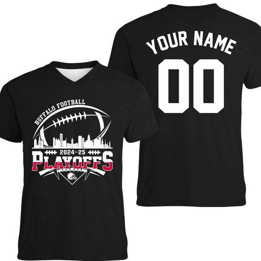 Buffalo American Football 2024-25 Playoffs Skyline Double Sided V-neck Shirt, Playoffs Game Day Custom 2 Sided V-neck Shirts