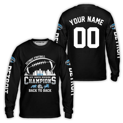 Customized Detroit Football 2024 NFC North Division Champions Back To Back Long Sleeve Shirt, NFC North Detroit Champs Custom Shirts