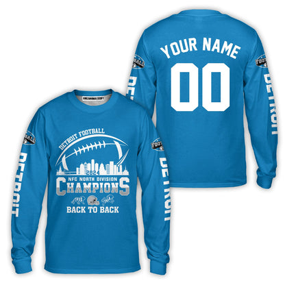 Customized Detroit Football 2024 NFC North Division Champions Back To Back Shirts, 2024 NFC North Champs Champions Custom Double Sided Shirts