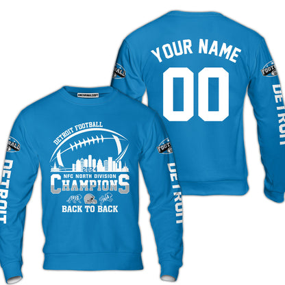 Customized Detroit Football 2024 NFC North Division Champions Back To Back Shirts, 2024 NFC North Champs Champions Custom Double Sided Shirts
