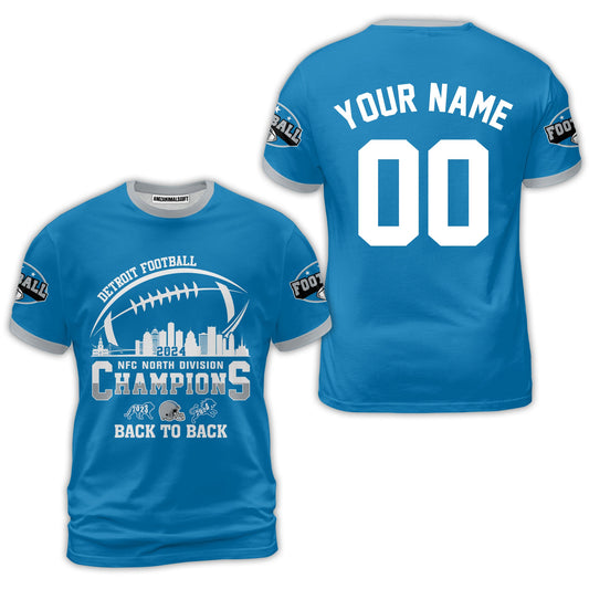 Customized Detroit Football 2024 NFC North Division Champions Back To Back Shirts, 2024 NFC North Champs Champions Custom Double Sided Shirts