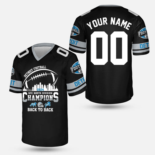 Customized Detroit Football 2024 NFC North Division Champions Back To Back V-neck Jersey, NFC North Detroit Champs Custom Apparel