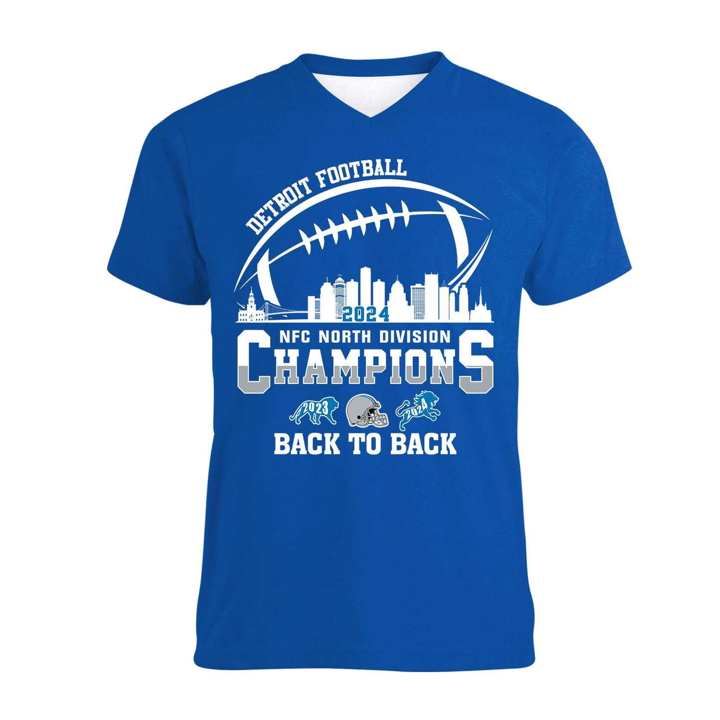 Detroit Football 2024 NFC North Division Champions Back To Back V-neck Shirt, NFC North Champs Detroit Apparel For Football Fans