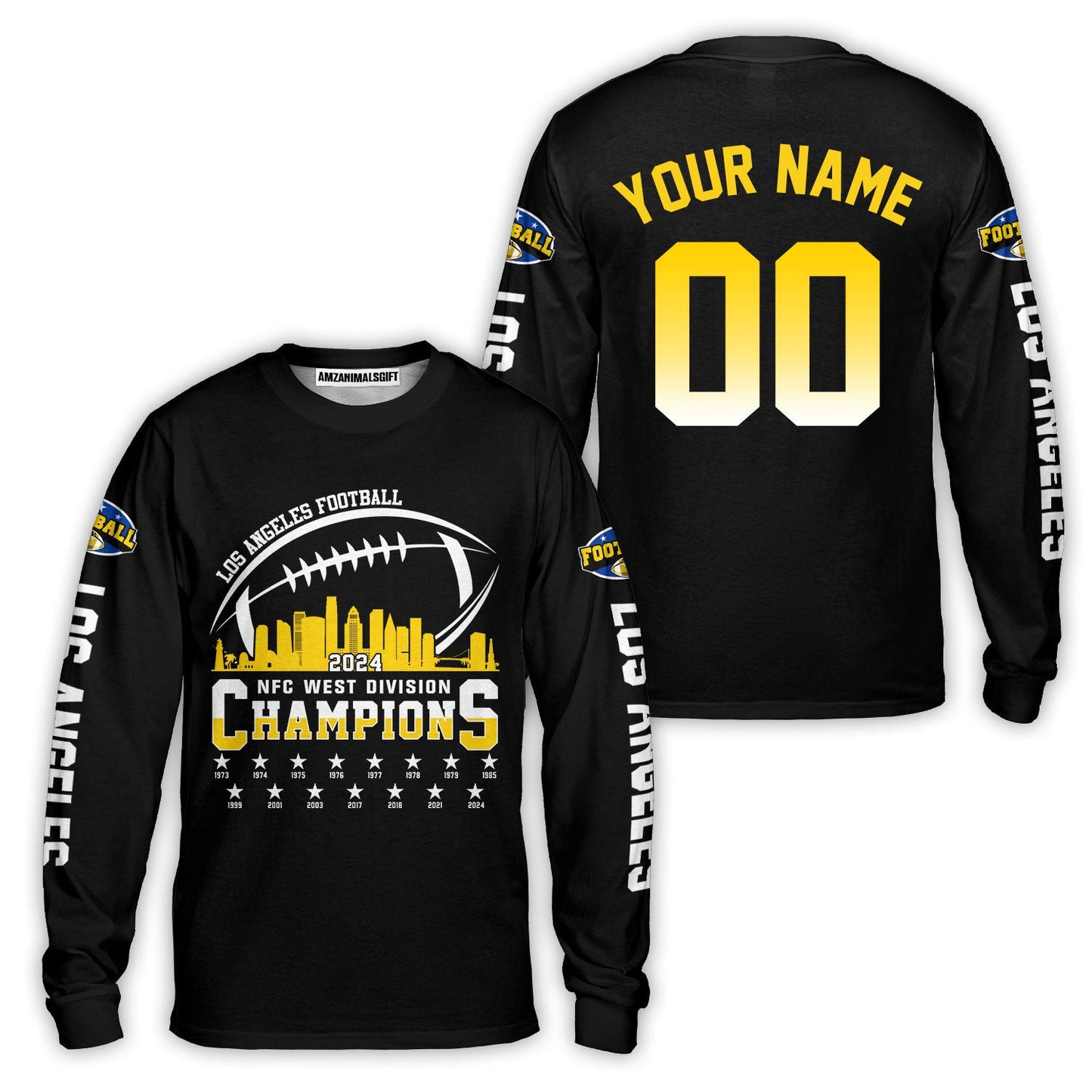 Custom Los Angeles Football 2024 NFC West Division Champions Skyline 2 Sided Long Sleeve, 2024 NFC West Champs Custom Double Sided Long Sleeve Shirts