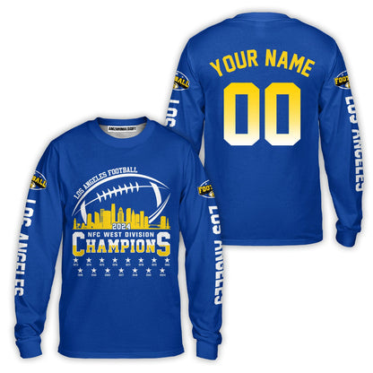 Custom Los Angeles Football 2024 NFC West Division Champions Skyline 2 Sided Long Sleeve, 2024 NFC West Champs Custom Double Sided Long Sleeve Shirts