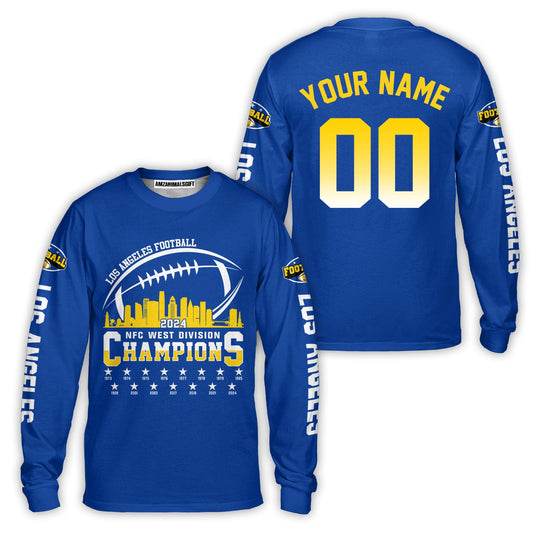 Custom Los Angeles Football 2024 NFC West Division Champions Skyline 2 Sided Long Sleeve, 2024 NFC West Champs Custom Double Sided Long Sleeve Shirts