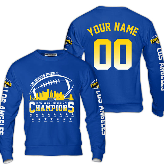Custom Los Angeles Football 2024 NFC West Division Champions Skyline 2 Sided Sweatshirt, 2024 NFC West Champs Custom Double Sided Sweatshirt