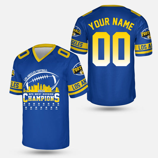 Custom Los Angeles Football 2024 NFC West Division Champions Skyline 2 Sided V-neck Jersey, 2024 NFC West Champs Custom Double Sided V-neck Jersey