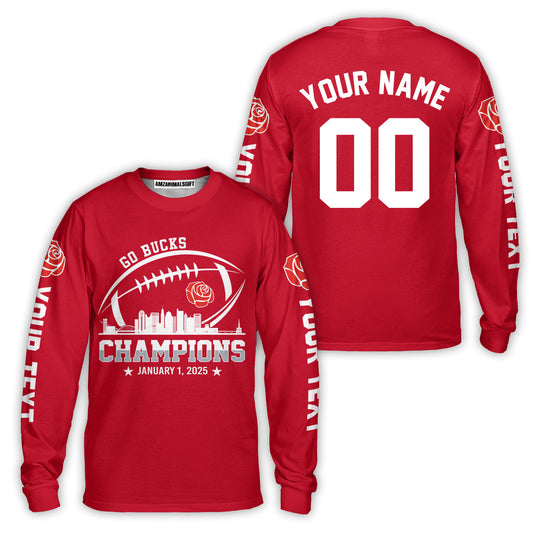 2025 Rose Champions Skyline Custom Double Sided Long Sleeve Shirt, Go Bucks Football 2025 Rose Champions 2 Sided Custom Long Sleeve Shirts