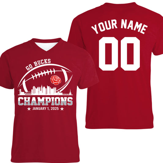 2025 Rose Champions Skyline Double Sided V-neck Shirt, Go Bucks Football 2025 Rose Champions 2 Sided Custom V-neck Shirts