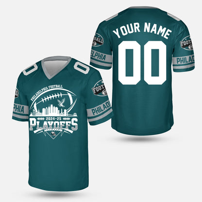 Philadelphia American Football 2024-25 Playoffs Skyline Custom V-neck Jersey, Custom Playoffs Philadelphia Football Game Day 2 Sided V-neck Jersey