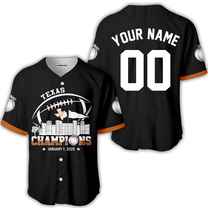 2025 Peach Champions Skyline Custom Double Sided Baseball Jersey Shirt, Texas Football 2025 Peach Champions 2 Sided Custom Baseball Jersey Shirts