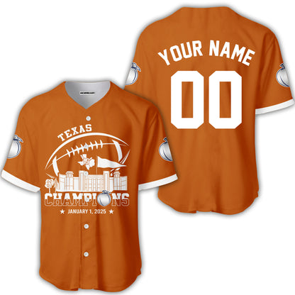 2025 Peach Champions Skyline Custom Double Sided Baseball Jersey Shirt, Texas Football 2025 Peach Champions 2 Sided Custom Baseball Jersey Shirts