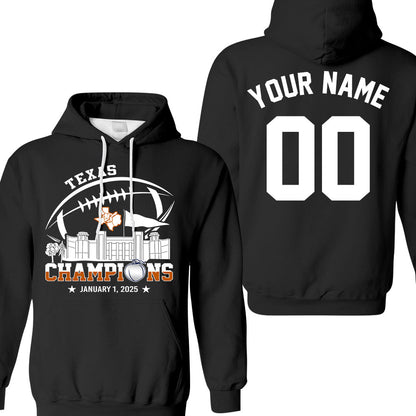 2025 Peach Champions Skyline Double Sided Hoodie Shirts, Texas Football 2025 Peach Champions 2 Sided Custom Hoodie Shirts