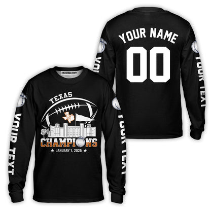 2025 Peach Champions Skyline Custom Double Sided Baseball Jersey Shirt, Texas Football 2025 Peach Champions 2 Sided Custom Baseball Jersey Shirts