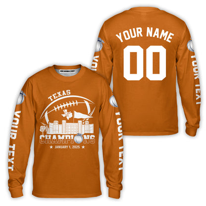 2025 Peach Champions Skyline Custom Double Sided Baseball Jersey Shirt, Texas Football 2025 Peach Champions 2 Sided Custom Baseball Jersey Shirts