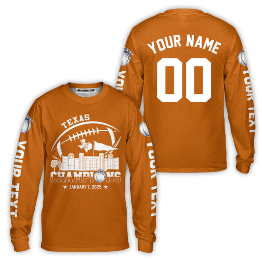 2025 Peach Champions Skyline Custom Double Sided Long Sleeve Shirt, Texas Football 2025 Peach Champions 2 Sided Custom Long Sleeve Shirt