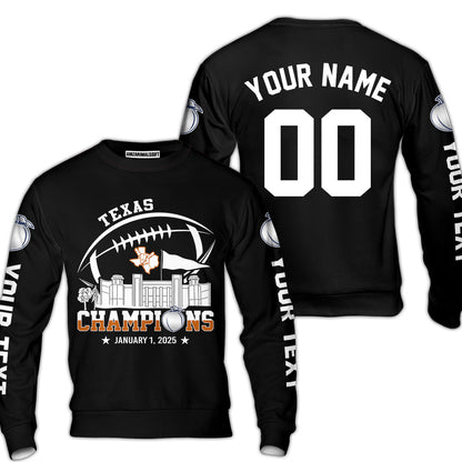 2025 Peach Champions Skyline Custom Double Sided Baseball Jersey Shirt, Texas Football 2025 Peach Champions 2 Sided Custom Baseball Jersey Shirts
