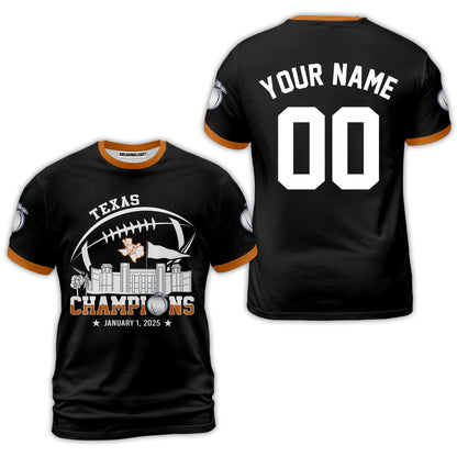 2025 Peach Champions Skyline Custom Double Sided Baseball Jersey Shirt, Texas Football 2025 Peach Champions 2 Sided Custom Baseball Jersey Shirts