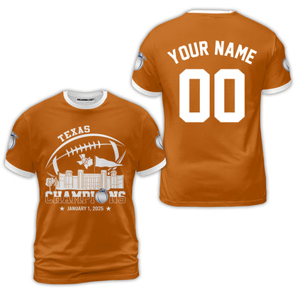 2025 Peach Champions Skyline Custom Double Sided Baseball Jersey Shirt, Texas Football 2025 Peach Champions 2 Sided Custom Baseball Jersey Shirts