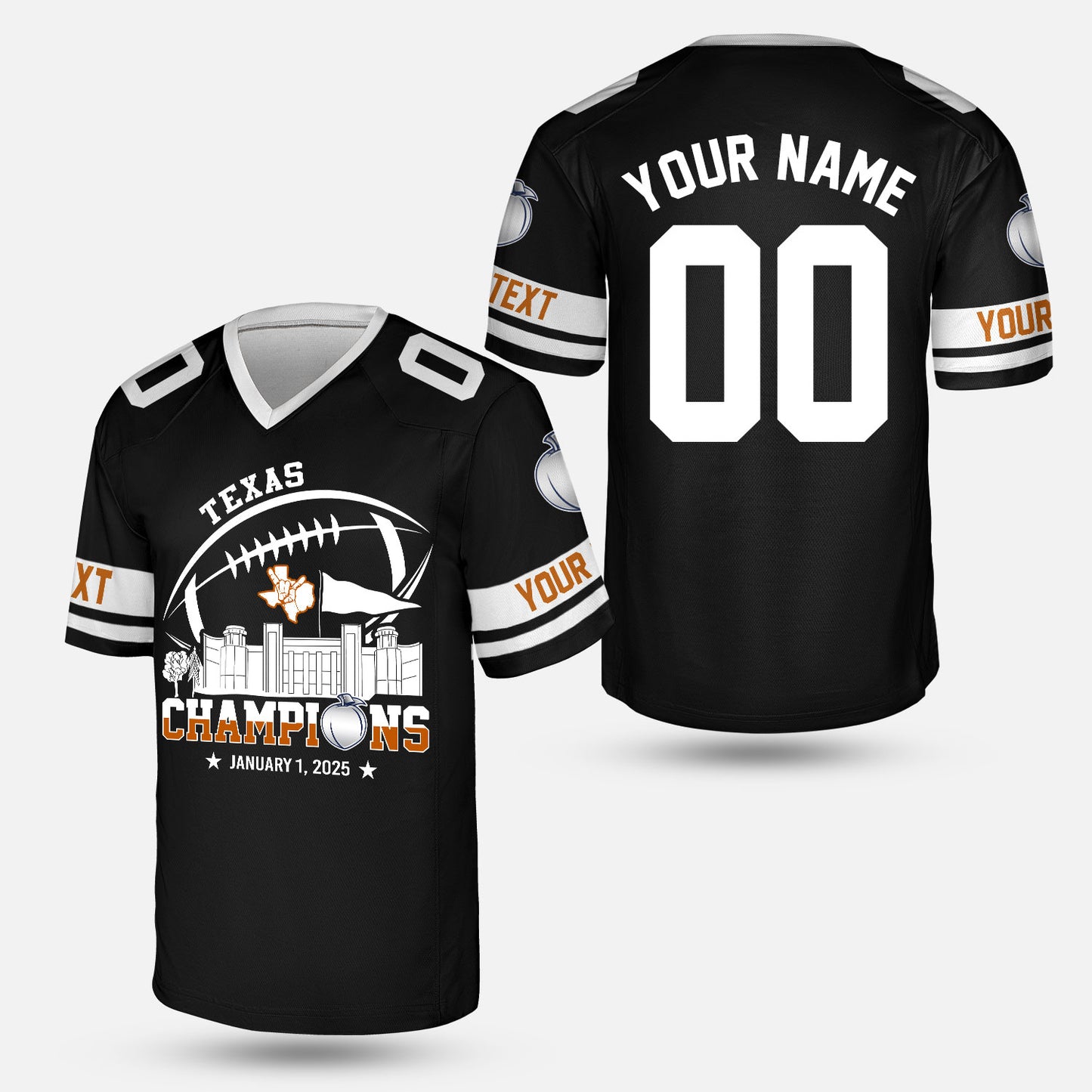 2025 Peach Champions Skyline Custom Double Sided Baseball Jersey Shirt, Texas Football 2025 Peach Champions 2 Sided Custom Baseball Jersey Shirts