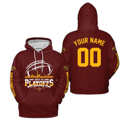 Washington American Football 2024-25 Playoffs Skyline Custom Double Sided Hoodie, Washington Game Day Divisional Playoffs Custom 2 Sided Hoodie