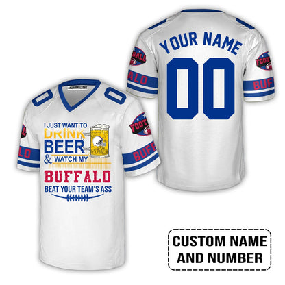 Custom Buffalo American Football Beer V-neck shirt, Just Want To Drink Beer & Watch My Buffalo American Football Beat Your Team Custom V-neck Shirt