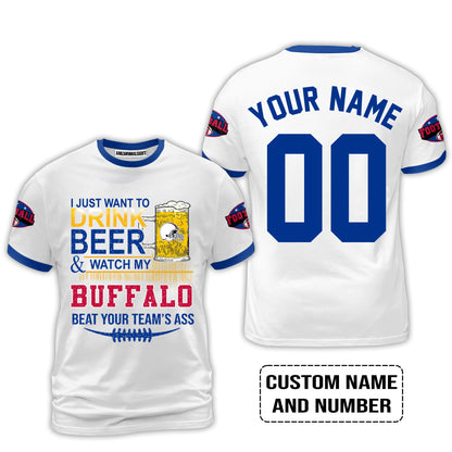 Custom Buffalo American Football Beer V-neck shirt, Just Want To Drink Beer & Watch My Buffalo American Football Beat Your Team Custom V-neck Shirt
