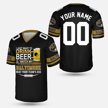 Baltimore American Football Beer Custom Hoodie, Just Want To Drink Beer & Watch My Baltimore American Football Beat Your Team Custom 2 Side Hoodie