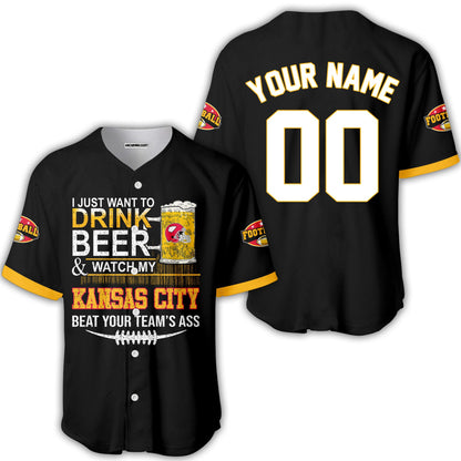 Kansas city American Football Beer Custom Long Sleeve Shirt, Just Want To Drink Beer & Watch My Kansas city American Football 2 Side Long Sleeve Shirt