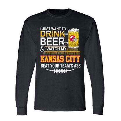 Kansas city American Football Beer Long Sleeve Shirt, Just Want To Drink Beer & Watch My Kansas city American Football Beat Your Team Long Sleeve